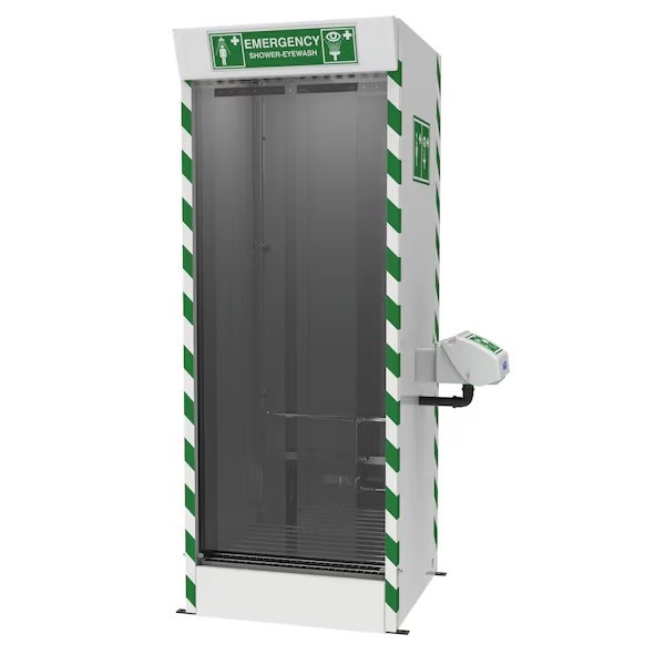 Multi-Nozzle Decon Cubicle Shower, Acrylic Capped ABS Eyewash Bowl, Floor Mount, Pump, Hughes Safety, Mfr#: SD31K45G-PUMP